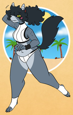 anthro bikini bikini_bottom biped black_hair blush bodily_fluids brown_body brown_fur claws clothed clothed_anthro clothed_female clothing cloud coconut day digitigrade drupe_(fruit) feet female fingers fluffy fluffy_tail food fruit fur green_eyes grey_body grey_fur hair halter_top hand_behind_head humanoid_hands long_hair looking_at_viewer midriff navel outside palm_tree plant sand sky solo summer sun sweat sweatdrop swimwear tail toe_claws toes tree two-piece_swimsuit white_clothing yellow_sclera nerdyreindeer ben_10 cartoon_network alien canid canine canis loboan mammal wolf full-length_portrait hi_res portrait