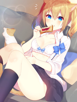 ambiguous_gender blonde_hair blue_eyes bottomwear bra bread breasts cleavage clothed clothing duo eating female feral food footwear hair humanoid_focus legwear open_clothing open_shirt open_topwear shirt sitting skirt socks solo_focus toast topwear underwear mafuyu animal_humanoid cat_humanoid domestic_cat felid felid_humanoid feline feline_humanoid felis humanoid mammal mammal_humanoid 2016 digital_media_(artwork) hi_res shaded