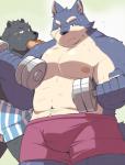 anthro black_body black_fur blush bodily_fluids boxers_(clothing) bulge clothing duo eating food fur hot_dog kemono male moobs nipples overweight overweight_male sweat underwear ayame42612 bear mammal 2015