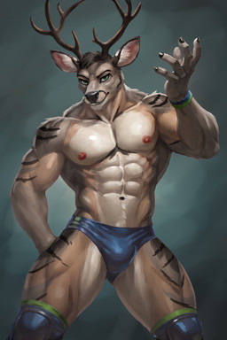 abs anthro antlers athletic biceps biped brown_body brown_fur bulge clothed clothing fur gradient_background green_eyes hair horn looking_at_viewer male muscular muscular_anthro muscular_male navel nipples pecs pose simple_background smile solo standing tan_body tan_fur teeth topless white_body white_fur wrestling_outfit bleakcat kaito_auer deer mammal absurd_res digital_media_(artwork) hi_res