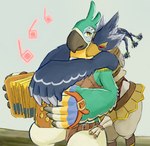 accordion anthro beak blue_body blue_feathers braided_hair braided_ponytail duo feathers hair hug hugging_another hugging_from_behind male male/male musical_instrument ponytail size_difference sheep_riritoto breath_of_the_wild nintendo the_legend_of_zelda kass_(tloz) revali avian rito