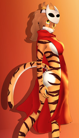 antenna_hair anthro biped blep breasts brown_hair butt casual_exposure cloak cloak_only clothing cosplay countershading crossover_cosplay female fur hair mask_on_head multicolored_body multicolored_fur orange_body orange_fur red_cloak red_clothing solo standing striped_body striped_fur stripes tail tongue tongue_out yellow_eyes conditional_dnp gusta hollow_knight_(franchise) team_cherry twokinds flora_(twokinds) hornet_(hollow_knight) felid keidran mammal pantherine tiger 2025 crossover hi_res