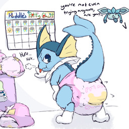 ambiguous_gender anthro balled_up_diaper blue_body breath clothed clothing cloud_emanata cutaway dialogue diaper diaper_only diaper_pail discarded_diaper emanata expression_cutaway feces fin glistening glistening_eyes gloves_(marking) hand_on_leg hand_on_thigh head_fin leg_markings looking_at_another looking_at_partner looking_back looking_back_at_another looking_back_at_partner markings narrowed_eyes offscreen_character panting pooping potty_chart simple_background socks_(marking) soiled_diaper soiling soiling_diaper solo standing text tongue tongue_out topless unclean_diaper used_diaper wavy_mouth wearing_diaper white_background boredomwithfriends nintendo pokemon glacy_(glacybaby) puddles_(vaporeon) eeveelution generation_1_pokemon generation_4_pokemon glaceon pokemon_(species) vaporeon 1:1 2020 absurd_res english_text hi_res