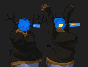 antlers clothing eyes_closed female for_a_head horn open_mouth pumpkin_head solo sweater text topwear yawn eirlysdababy forsaken_(roblox) roblox dusekkar humanoid object_head hi_res