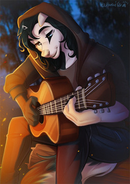 5_fingers acoustic_guitar anthro black_hair blue_eyes blurred_background fingers guitar hair male musical_instrument playing_music plucked_string_instrument smile solo string_instrument kammi-lu canid canine mammal 2021 digital_media_(artwork)
