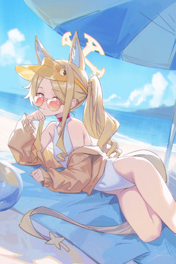 animal_ears arms_bent beach beach_umbrella blonde_hair breasts clothing cloud collarbone eyewear female fluffy_ears glistening glistening_hair hair halo hat headgear headwear highleg jacket long_hair lying multi_ear navel_outline one-piece_swimsuit parasol pink_eyes ponytail side_ponytail small_breasts sunglasses swimwear tail topwear visor_cap water white_clothing white_swimwear yellow_clothing yellow_jacket_(clothing) yellow_topwear young young_female young_humanoid shali blue_archive nexon seia_(blue_archive) animal_humanoid canid canid_humanoid canine canine_humanoid fox_humanoid humanoid mammal mammal_humanoid 2:3 absurd_res hi_res signature