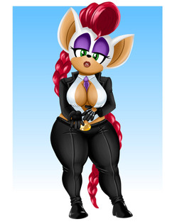 accessory anthro belt big_breasts big_ears black_bottomwear black_clothing black_footwear black_gloves black_handwear black_jacket black_nose black_pants black_shoes black_topwear blue_background border bottomwear braided_hair breasts clothed clothing cosplay crossover_cosplay eyeshadow female footwear fur gloves green_eyes hair handwear jacket long_hair makeup necktie necktie_between_breasts pants purple_eyeshadow purple_necktie red_hair shirt shoes simple_background solo tan_body tan_fur thick_thighs topwear white_body white_border white_clothing white_fur white_shirt white_topwear wide_hips jbreak1 capcom sega sonic_the_hedgehog_(series) street_fighter crimson_viper rouge_the_bat bat mammal crossover hi_res