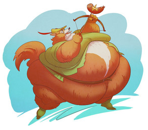 anthro belly belt big_belly bow_(weapon) clothing food fur hat headgear headwear huge_belly male morbidly_obese morbidly_obese_male obese obese_male orange_body orange_fur overweight overweight_male ranged_weapon solo stretch_marks tongue tongue_out weapon daddyzagur disney robin_hood_(disney) robin_hood canid canine fox mammal