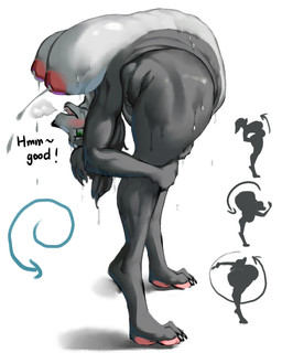 anthro backbend big_breasts bodily_fluids breasts contortionism extreme_contortion feet female flexible fur green_eyes grey_body grey_fur lactating milk nipples paws solo sweat thick_thighs wide_hips gyy canid canine mammal 4:5