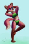 anthro belly big_ears big_feet bikini bikini_bottom bikini_top blue_eyes bottomwear brown_body brown_ears brown_fur clothing feet female fox_tail frilly fur green_bottomwear green_clothing green_topwear hands_behind_head raised_leg red_body red_fur solo swimwear tankini topwear two-piece_swimsuit white_belly white_body white_cheeks white_fur modestwold baley_(modestwold) canid canine fox mammal red_fox true_fox hi_res