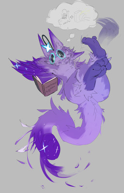 4_ears 4_toes :3 ambiguous_gender anthro black_sclera book curling_toes eyewear feet floating foot_focus glasses multi_ear paws purple_body reading reading_book soles solo spread_toes starry_fur tail thought_bubble toes pyjyamas monumenta loamskattar_(monumenta) anglerfish avali fish marine absurd_res hi_res sketch