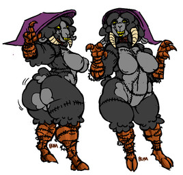 anthro big_breasts big_butt black_body black_eyes black_fur breasts butt clothing collar featureless_breasts featureless_crotch female front_view fur grey_body grey_fur hat headgear headwear hooves horn navel nipple_outline pupils purple_clothing purple_hat purple_headwear rear_view seam_(sewing) simple_background slit_pupils smile solo studded_collar studs surgical_suture tan_horn teeth thick_thighs white_background wide_hips witch_hat yellow_sclera yellow_teeth ghastlybum the_walten_files rachel_waterman_(the_walten_files) sheep_witch_(twf) bovid caprine mammal sheep