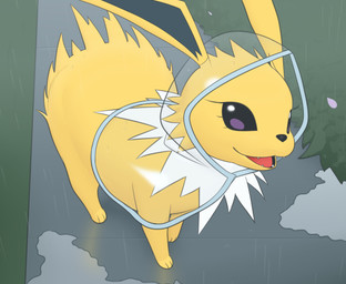 3_toes black_sclera clothing coat eyelashes feet female feral fur furgonomics looking_up open_mouth outside plant raincoat raining sidewalk smile solo teeth toes tongue topwear translucent translucent_clothing white_body white_fur yellow_body yellow_fur inkune nintendo pokemon eeveelution generation_1_pokemon jolteon mammal pokemon_(species) digital_media_(artwork) hi_res