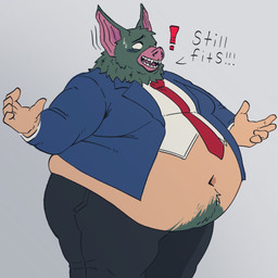 anthro belly big_belly big_butt black_bottomwear black_clothing black_pants blue_clothing blue_jacket blue_topwear bodily_fluids bottomwear butt clothing dialogue exclamation_point jacket male moobs navel necktie obese obese_anthro obese_male open_mouth overweight overweight_anthro overweight_male pants red_necktie shirt solo suit sweat sweatdrop text thick_thighs tight_clothing topwear white_clothing white_shirt white_topwear fruppyo dispatch sonar_(dispatch) bat mammal 1:1 english_text hi_res