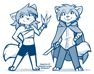 anthro bare_shoulders barefoot biped blep bottomwear cape cheek_tuft chest_wraps chibi clothed clothed_anthro clothed_female clothed_male clothing digitigrade duo eyebrow_through_hair eyebrows facial_tuft feet female fingers fully_clothed fully_clothed_anthro fully_clothed_female fully_clothed_male fur hair hand_on_hip hand_wraps holding_knife holding_melee_weapon holding_object holding_sword holding_weapon jewelry knife looking_at_viewer male melee_weapon midriff navel necklace pants shirt shorts simple_background smile sword tail toes tongue tongue_out topwear translucent translucent_hair tuft weapon white_background wraps wrist_wraps conditional_dnp tom_fischbach twokinds natani zen_(twokinds) canid canine canis keidran mammal wolf 2026 blue_and_white digital_drawing_(artwork) digital_media_(artwork) monochrome sketch sibling_(lore)