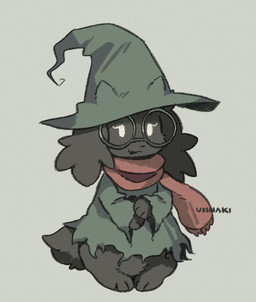 alternate_species ambiguous_gender anthro barefoot black_body black_fur black_nose clothing eyelashes eyewear featureless_crotch feet floppy_ears fluffy fluffy_tail front_view fur furgonomic_headwear furgonomics glasses green_clothing green_robe grey_background hat headgear headwear horn open_mouth open_smile paws red_scarf robe round_glasses scarf scut_tail short_tail simple_background smile solo tail torn_clothing white_eyes witch_hat uxinaki cave_story deltarune undertale_(series) ralsei lagomorph mammal mimiga 2025 crossover hi_res portrait signature male_(lore)