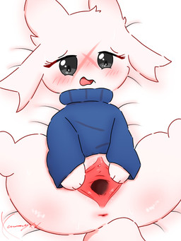 anthro anus bed black_eyes blue_clothing blue_sweater blue_topwear blush bodily_fluids bottomless clitoris clothed clothing eyebrows eyelashes facial_scar female female_anthro fur furniture genitals humanoid_genitalia humanoid_vulva looking_down lying noseless on_back on_bed open_mouth scar scut_tail short_tail simple_background solo spread_legs spread_vulva spreading sweat sweater tail topwear vulva white_background white_body white_ears white_fur white_tail x_scar conditional_dnp xammyxx cave_story sue_sakamoto lagomorph mammal 2026 3:4 digital_media_(artwork) english_description hi_res ibispaint_(artwork) shaded signature watermark
