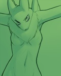 anthro arms_out clothed clothing female fur inks looking_at_viewer markings neck_tuft nude pose seductive solo topless tuft white_body white_fur yellow_body yellow_fur jingx1 bandai_namco digimon canid canine digimon_(species) mammal renamon 4:5 cropped green_theme restricted_palette