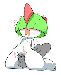 ambiguous_gender blush bodily_fluids clitoris disembodied_hand duo female female/ambiguous female_focus fingering genital_fluids genitals kneeling not_furry open_mouth saliva simple_background solo_focus sound_effects text vaginal vaginal_fingering vaginal_fluids vulva white_background kageyama nintendo pokemon generation_3_pokemon humanoid pokemon_(species) ralts 2015 japanese_text