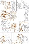 2:3 anthro blush bodily_fluids canid canine clothed clothing comic dialogue disney duo english_text female fox gideon_grey hand_under_shirt hi_res judy_hopps kissing lagomorph leporid line_art long_ears male mammal rabbit red_fox simple_background sweat text the_weaver true_fox white_background zootopia