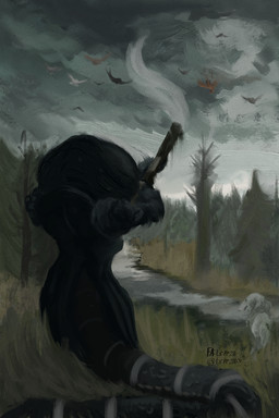 ambiguous_gender anthro black_body black_clothing black_text clothed clothing cloud cloudy_sky day detailed_background grass gun holding_gun holding_object holding_ranged_weapon holding_weapon hunter motion_lines outside plant ranged_weapon river scales scenery sky smoke snake_hood solo swamp tail text tree water weapon leprzil laura_(leprzil) avian cobra reptile scalie snake 2025 2:3 artist_name digital_media_(artwork) english_text hi_res female_(lore)