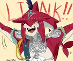 anthro armor countershading looking_at_viewer male open_mouth orange_eyes red_body red_skin sharp_teeth shout simple_background solo teeth text yellow_background aburage breath_of_the_wild nintendo the_legend_of_zelda prince_sidon marine zora 2021 bust_portrait english_text hi_res portrait