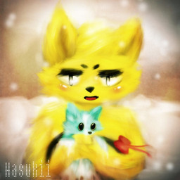 ambiguous_gender anthro duo feral freezing open_mouth ribbons snow young young_ambiguous young_anthro young_feral hasukii hazuki_mikami_(hasukii) canid canine mammal 1:1 character_request