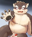 anthro belly blush brown_body brown_fur eyebrows fupa fur male musclegut muscular navel nipples nude overweight overweight_male pecs thick_eyebrows 5groo5 lifewonders tokyo_afterschool_summoners moritaka_(tas) canid canine canis domestic_dog mammal hi_res