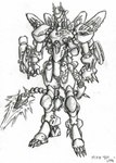 4_toes ambiguous_gender anthro biped blade canid canine canis claws energy_blade feet jmadoc looking_at_viewer machine mammal mecha monochrome signature simple_background sketch solo standing tail tail_blade toe_claws toes traditional_media_(artwork) weapon_tail wolf