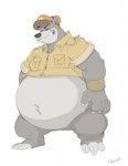 anthro belly big_belly bottomless bottomless_anthro bottomless_male claws clenched_teeth clothed clothing eyes_closed fur hat headgear headwear jacket male navel overweight overweight_anthro overweight_male slightly_chubby slightly_chubby_anthro slightly_chubby_male solo standing teeth toe_claws topwear wristband canson disney talespin the_jungle_book baloo bear mammal sloth_bear ursine 2019 hi_res signature