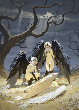 5_toes abs bent_legs big_wings biped black_body black_feathers black_highlights blonde_hair blood blood_on_face blood_splatter bodily_fluids breasts brown_eyes butt claws cloud cloudy_sky convenient_censorship digitigrade feathered_wings feathers feet female fence flowing_hair flying grass group hair highlights_(coloring) light long_hair looking_at_viewer looking_down loose_feather lying moss navel nude on_ground on_side open_mouth plant plantigrade short_hair sky small_waist soles standing straight_hair sunlight toes tree trio white_body white_feathers white_hair wings yellow_eyes timbougami european_mythology greek_mythology mythology ambient_bird animal_humanoid avian avian_humanoid harpy harpy_humanoid humanoid mythological_avian mythological_creature 2026 digital_media_(artwork) digital_painting_(artwork) full-length_portrait hi_res painting_(artwork) portrait shaded soft_shading