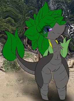 abstract_background anthro awkward_smile fangs female feral genitals gesture hair hair_over_eye leaf leaf_hair navel nude plant plant_hair pseudo_hair psychedelic_background purple_eyes shortstack shortstack_female solo standing teeth vulva waving waving_at_viewer ebb_the_ghost nintendo pokemon petra_(ebb_the_ghost) generation_5_pokemon pokemon_(species) snivy absurd_res hi_res