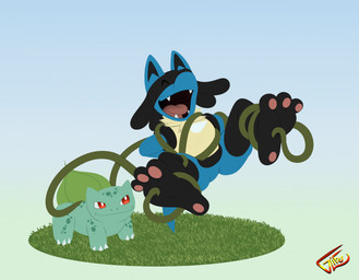 3_toes anthro black_body black_fur black_inner_ear blue_body blue_fur chest_spike duo eyes_closed fangs feet feral fur grass green_body laugh multicolored_body multicolored_fur open_mouth open_smile plant quadruped red_eyes smile spikes spikes_(anatomy) tail tan_body tan_fur teeth text tickle_fetish tickle_torture tickling tickling_feet toes tongue vine_bondage vines white_sclera glifer nintendo pokemon bulbasaur generation_1_pokemon generation_4_pokemon lucario pokemon_(species) artist_name hi_res