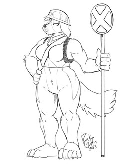 anthro armor bottomless breasts claws clothed clothing female fluffy fluffy_tail half-closed_eyes hard_hat headgear helmet holding_object holding_sign narrowed_eyes plantigrade sign solo tail topwear traffic_sign vest rick_griffin canid canine canis domestic_dog mammal 2023 hi_res monochrome sketch