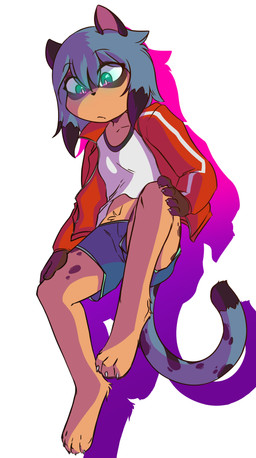 4_toes alternate_species anthro biped blue_bottomwear blue_clothing blue_shorts bottomwear breasts claws clothed clothed_anthro clothed_female clothing digitigrade drop_shadow facial_markings feet female female_anthro finger_claws fur hair hand_on_knee hand_on_leg hand_on_thigh head_markings jacket looking_down looking_down_at_self markings mask_(marking) navel paws red_clothing red_jacket red_topwear shirt shorts simple_background small_breasts solo spots spotted_markings spotted_tail tail tail_markings toe_claws toes topwear white_clothing white_shirt white_topwear notiliketac23 brand_new_animal studio_trigger michiru_kagemori canid canine cheetah felid feline hybrid mammal raccoon_dog tanuki 2020 digital_media_(artwork) full-length_portrait hi_res portrait