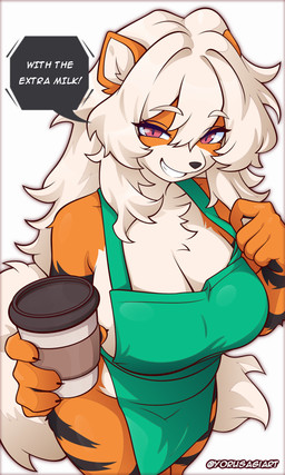5_fingers anthro apron apron_only big_breasts biped breasts cleavage clothed clothed_anthro clothed_female clothing coffee_cup container countershade_torso countershading cup dialogue disposable_cup female fingers front_view fur green_apron green_clothing grin hair holding_container holding_cup holding_object looking_at_viewer orange_body orange_fur red_eyes simple_background smile solo speech_bubble striped_body striped_fur stripes tail talking_to_viewer text topwear white_background white_hair white_tail yorusagi nintendo pokemon arcanine generation_1_pokemon pokemon_(species) 2025 3:5 artist_name digital_media_(artwork) english_text hi_res