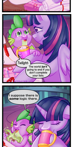 calendar candy container cup dessert dialogue duo female feral food horn library loose_feather magic male male/female marshmallow mug paper quill wings erieillistrates friendship_is_magic hasbro my_little_pony mythology spike_(mlp) twilight_sparkle_(mlp) dragon equid equine mammal mythological_creature mythological_equine mythological_scalie scalie winged_unicorn absurd_res comic hi_res long_image tall_image