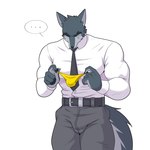 anthro belt black_body bottomwear briefs bulge business_suit clothing embarrassed front_view looking_down male muscular muscular_male necktie pants shirt simple_background solo standing suit topwear underwear white_clothing white_shirt white_topwear yellow_briefs yellow_clothing yellow_underwear furtissier canid canine canis mammal wolf 1:1 hi_res