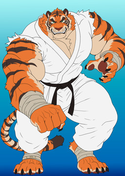 anthro bandage bandaged_foot bandaged_wrist barazoku belt biceps big_hands big_muscles biped black_belt bottomwear claws clothed clothing digitigrade eyebrows fangs feet fighting_pose fingers front_view fur green_eyes huge_muscles keikogi looking_at_viewer male markings martial_arts_uniform muscular muscular_anthro muscular_male orange_body orange_fur pawpads pecs pose simple_background snarling solo sportswear standing stripes tail teeth toes topwear torn_clothing torn_sleeves xyandrith felid mammal pantherine tiger absurd_res hi_res