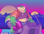 anthro belly bulge clothing green_body hat headgear headwear hoverbike male overweight overweight_male shirt sitting smile solo topwear spectral-bat brok_the_investigator cowcat_games brok_(brok_the_investigator) alligator alligatorid crocodilian reptile scalie 2025