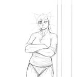 1_eye anthro breasts clothed clothing crossed_arms female hair looking_at_viewer scar shirt simple_background solo standing topwear whiskers white_background hladilnik cat_knight domestic_cat felid feline felis mammal 1:1 black_and_white hi_res monochrome sketch