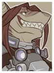 anthro armor border countershading eyewear female gills goggles grin hair long_hair outline red_hair simple_background smile solo teeth white_border solidasp syrena_(riptideshark) fish hybrid marine shark bust_portrait digital_media_(artwork) portrait