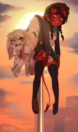 anthro big_ears black_hair blonde_hair bodily_fluids body_writing bonnet braided_hair buckteeth bullying clean_diaper clothed clothing crying detailed_background diaper diaper_fetish duo eyewear glasses hair headgear headwear horn legwear pole red_body school_uniform shaved_head stockings sunset tally_marks tears teeth uniform wearing_diaper wedgie western_tally_marks young merunyaa magister_jezza meru_(merunyaa) demon humanoid succubus 2019 hi_res