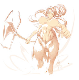 areola axe big_breasts breasts brown_eyes brown_hair fantasy_weapon female fur hair hooves looking_at_viewer melee_weapon monster_girl_(genre) nipples simple_background solo split_form weapon hataraki_ari european_mythology greek_mythology mythology centaur equid equid_taur humanoid_taur mammal mammal_taur taur digital_media_(artwork)