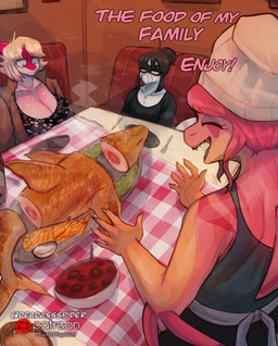 5_fingers anthro arm_spikes big_breasts black_hair blonde_hair blue_eyes bone_frill bread breasts brown_clothing brown_jacket brown_topwear chef_hat claws cleavage clothed clothing cutlery dialogue dinner dinner_table elbow_spikes female finger_claws fingers floral_dress floral_pattern food fork fries frill_(anatomy) glistening glistening_body glistening_breasts glistening_scales group hair hair_bun hat headgear headwear inside jacket jewelry kitchen_utensils knife magenta_body magenta_scales meatball multicolored_body multicolored_scales necklace open_mouth open_smile pink_body pink_hair pink_scales scales sharp_teeth short_hair smile spikes spikes_(anatomy) tan_body tan_scales teeth text tools topwear trio two_tone_body two_tone_scales white_body white_scales yellow_eyes deadassspider cavemanon_studios i_wani_hug_that_gator snoot_game callie_(snoot_game) lunara_(iwhtg) mia_moretti allosauroid bambiraptor carcharodontosaurid concavenator dinosaur dromaeosaurid fish hadrosaurid marine ornithischian ornithopod parasaurolophus prehistoric_species reptile saurischian scalie shark theropod 2025 absurd_res digital_drawing_(artwork) digital_media_(artwork) english_text hi_res