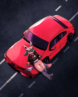 anthro black_body black_fur brown_clothing brown_jacket brown_shirt brown_topwear chest_spike closed_smile clothing eyewear fur glasses jacket leaning_on_vehicle looking_at_viewer looking_up looking_up_at_viewer male mouth_closed multicolored_tail red_body red_car red_fur shirt smile smiling_at_viewer solo spikes spikes_(anatomy) tail topwear vehicle imma_ix nintendo pokemon toyota_corolla colin_(colinthelucario) generation_4_pokemon lucario pokemon_(species) hi_res