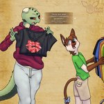 anthro bottomwear clothing crop_top female hoodie male pants shirt shopping shorts sweatpants t-shirt text topwear albinoraynedeer microsoft the_elder_scrolls meer-mah meph_the_cat argonian domestic_cat felid feline felis mammal scalie siamese 1:1 absurd_res english_text hi_res