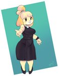 anthro big_breasts breasts clothing collar dress female footwear high_heels jewelry looking_at_viewer shoes slightly_chubby smile smiling_at_viewer solo wristband panthera_cantus animal_crossing nintendo isabelle_(animal_crossing) canid canine canis domestic_dog mammal absurd_res hi_res