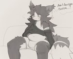 anthro balls_outline belly belly_grab big_bulge biped black_body black_fur bulge clothing detailed_bulge dialogue exposed_shoulder fluffy fluffy_chest fluffy_tail fur furniture genital_outline grey_body grey_fur hair kemono long_hair looking_down male male_anthro piercing sitting slightly_chubby sofa solo sweater tail topwear underwear weight_conscious weight_gain white_body white_fur yuta1cc yuta_(yuta1cc) domestic_cat felid feline felis mammal tuxedo_cat hi_res