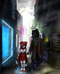 alley anthro city duo female male raining romantic romantic_couple size_difference young young_anthro fuzzywuff fairy_tales hello_kitty_(series) little_red_riding_hood_(copyright) sanrio chelsea_chamberlain hello_kitty_(character) little_red_riding_hood canid canine canis domestic_dog karelian_bear_dog mammal spitz wolf 2015 hi_res